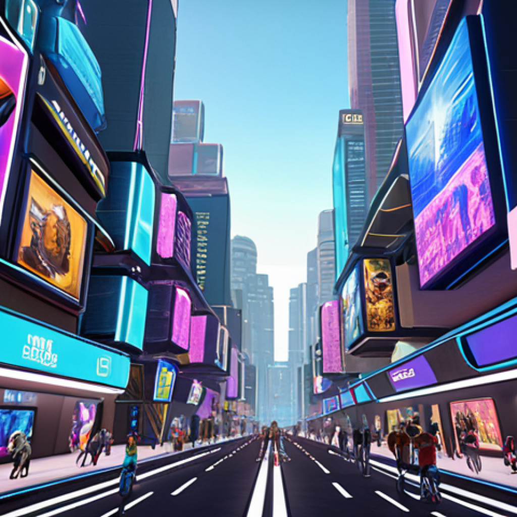 **A vibrant, bustling virtual city in the Metaverse.** Focus on architectural diversity: futuristic buildings, digital art galleries, and interactive game spaces. Include avatars of various styles interacting with each other, emphasizing a sense of community and digital ownership. The overall mood should be optimistic and forward-looking, reflecting the potential of virtual real estate.