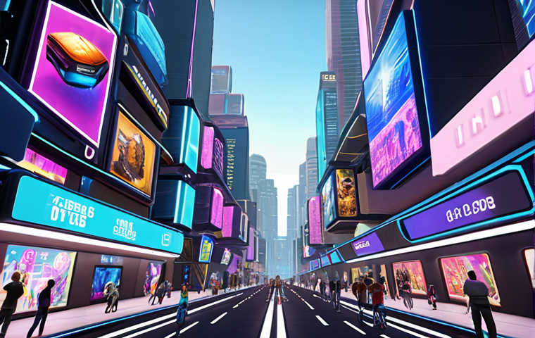 **A vibrant, bustling virtual city in the Metaverse.** Focus on architectural diversity: futuristic buildings, digital art galleries, and interactive game spaces. Include avatars of various styles interacting with each other, emphasizing a sense of community and digital ownership. The overall mood should be optimistic and forward-looking, reflecting the potential of virtual real estate.