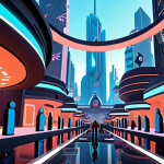 **

A futuristic cityscape within Decentraland, bustling with avatars attending a virtual art exhibition. Focus on the interactive elements and diverse avatar designs.

**